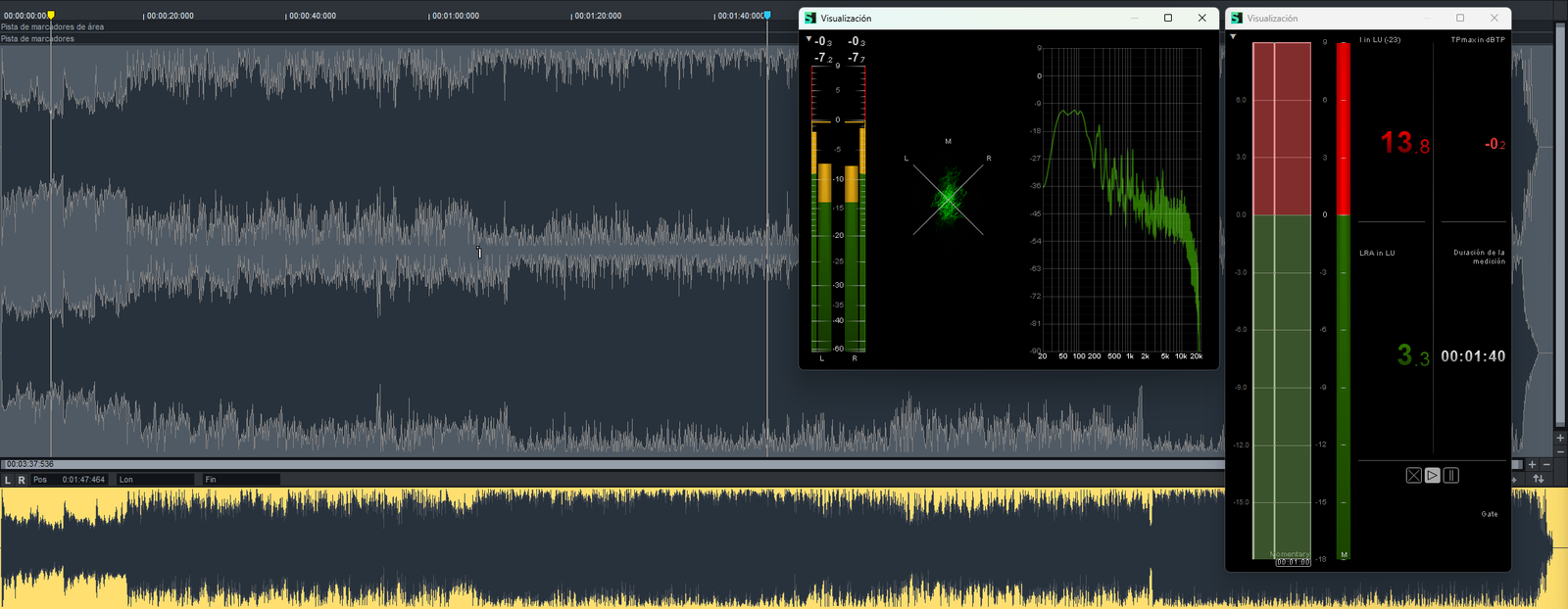 Sesión de mastering en pantalla con medidores de nivel y espectro
